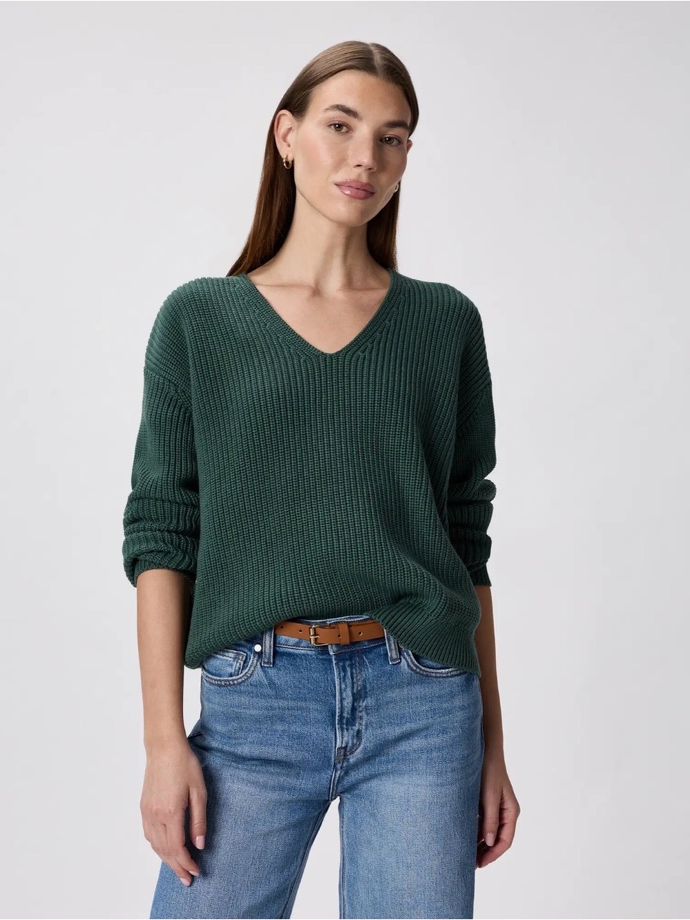 Quince 100% Organic Cotton Fisherman V-Neck Sweater Big Sur Green - Womens L